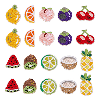 Summer Fruit Theme Polyester Embroidery Cloth Self Adhesive Patches, Costume Accessories, Coconut/Peach/Cherry, Mixed Color, 14~31.5x17.5~25x1.6~2mm, 10pcs/set