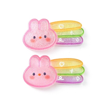 Translucent Resin Cabochons, Glitter Rabbit with Rainbow, Pearl Pink, 17.5x33x6mm