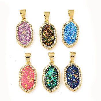 Brass Pendants Micro Pave Cubic Zirconia with Synthetic Opal, Real 18K Gold Plated, Hexagon, Mixed Color, 19x10x3mm, Hole: 5x4mm