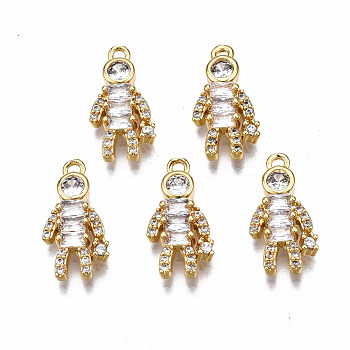 Brass Micro Pave Clear Cubic Zirconia Pendants, Nickel Free, Robot, Real 18K Gold Plated, 16.5x8x3mm, Hole: 1mm