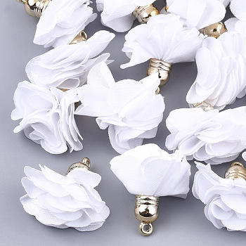 Cloth Pendants, with CCB Plastic, 6-Petal, Flower, Golden, White, 26~27x17~28mm, Hole: 1.6mm
