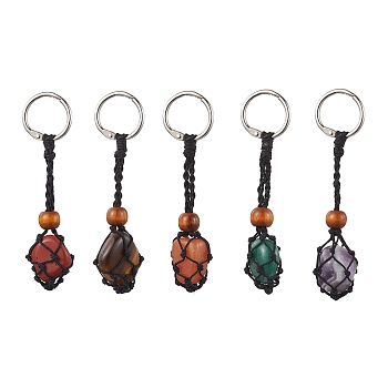 Natural Gemstone Keychain, with Iron Findings, Nuggets, 9~10cm, 5pcs/set