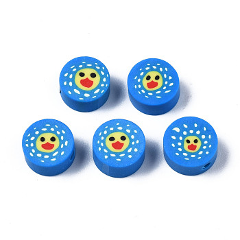 Handmade Polymer Clay Beads, for DIY Jewelry Crafts Supplies, Flat Round with Duck, Dodger Blue, 8.5~9.5x4~5mm, Hole: 1.6mm