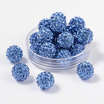 Pave Disco Ball Beads, Polymer Clay Rhinestone Beads, Grade A, Round, Light Sapphire, PP14(2~2.1mm), 10mm, Hole: 1.0~1.2mm