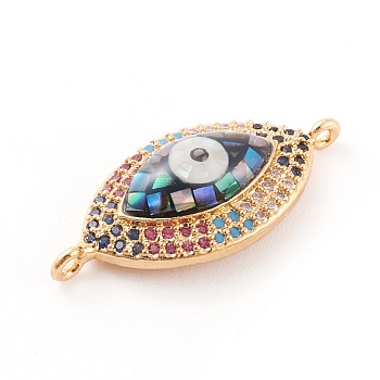 Brass Micro Pave Cubic Zirconia Links Connectors, with Abalone Shell/Paua Shell, Cadmium Free & Nickel Free & Lead Free, Eye, Clear, Colorful, Golden, 24.5x12x4.5mm, Hole: 1mm