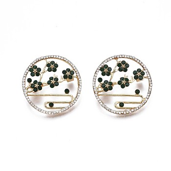 Rhinestone Ring with Plum Blossom, Flower Alloy Brooch for Backpack Clothes, Nickel Free & Lead Free, Light Golden, Emerald, 32x31mm