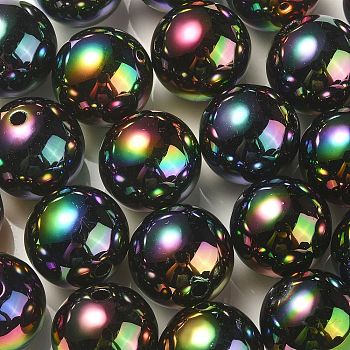 UV Plating Rainbow Iridescent Acrylic Beads, Round, Black, 17.5x17mm, Hole: 2.8mm
