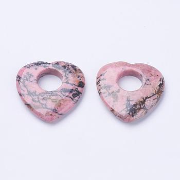 Natural Rhodonite Pendants, Heart, 39~40x40x7mm, Hole: 14.5mm