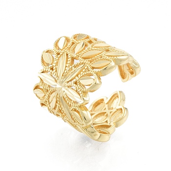 Brass Flower Open Cuff Ring, Hollow Chunky Ring for Women, Golden, Inner Diameter: 15~17.5mm