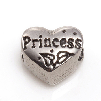 304 Stainless Steel European Beads, Large Hole Beads, Heart with Word Princess, Antique Silver, 9.5x11x7.5mm, Hole: 5mm
