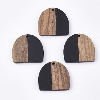 Resin & Walnut Wood Semi Circle Pendants, Half Round, Black, 24x25.5x3mm, Hole: 1.8mm