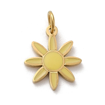 304 Stainless Steel Charms, with Enamel and Jump Ring, Real 14K Gold Plated, Flower Charm, Light Khaki, 12x10x1mm, Hole: 2.6mm