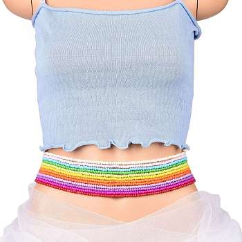 12Pcs 12 Colors Jewelry Waist Beads, Glass Seed Beaded Stretch Waist Chain for Women, Mixed Color, 31-1/2 inch(80cm), 1pc/color