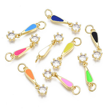 Brass Micro Pave Cubic Zirconia Enamel Pendants, with Jump Rings, Cadmium Free & Nickel Free & Lead Free, Real 16K Gold Plated, Light Gold, Mark, Mixed Color, 20.5x5x3mm, Jump Ring: 5x1mm, 3mm inner diameter, Charm: 7.5x5x3mm