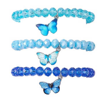 Electroplated Faceted Rondelle Glass Beaded Stretch Bracelet Sets, Butterfly Printed Alloy Enamel Charm Stackable Bracelets for Women, Mixed Color, Inner Diameter: 1-5/8 inch(4.2cm), about 1pc/color