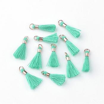 Polycotton(Polyester Cotton) Tassel Pendant Decorations, with Unwelded Iron Jump Rings, Golden, Medium Aquamarine, 10~16x2mm, Hole: 1.5mm