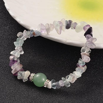Chips Natural Fluorite Beaded Stretch Bracelets, with Brass Rhinestone Findings, Silver Color Plated, 59mm