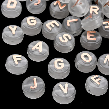 Luminous Acrylic Beads, Horizontal Hole, Flat Round with Random Mixed Letters, Coral, 10x6mm, Hole: 2mm, about 1500~1580pcs/500g