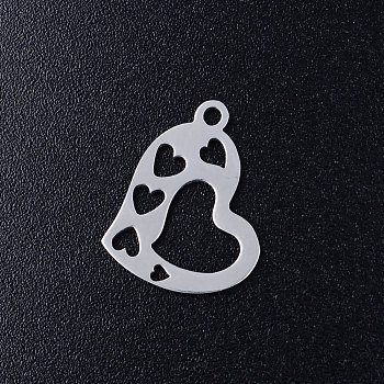 201 Stainless Steel Open Pendants, Hollow Heart with Heart, Stainless Steel Color, 16x12.5x1mm, Hole: 1.4mm
