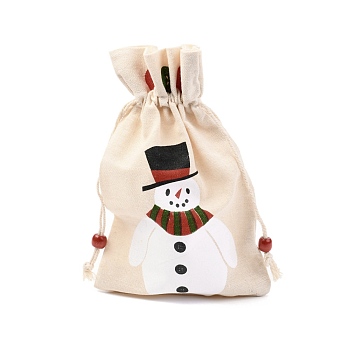 Christmas Theme Cotton Fabric Cloth Bag, Drawstring Bags, for Christmas Party Snack Gift Ornaments, Snowman Pattern, 22x15cm