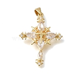 Brass Micro Pave Clear Cubic Zirconia Pendants, Cross Charms, Lead Free & Cadmium Free, Long-Lasting Plated, Rack Plating, Real 18K Gold Plated, 31.5x24x5mm, Hole: 4x3mm(CU-CBA9883-04C-G)
