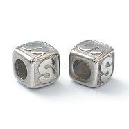 304 Stainless Steel European Beads, Large Hole Beads, Horizontal Hole, Cube with Letter, Stainless Steel Color, Letter.S, 8x8x8mm, Hole: 4mm(STAS-H145-01S-P)