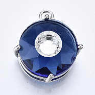 Transparent Faceted Glass Pendants, with Brass Prong Settings, Flat Round with Eye, Platinum, Blue, 19x16x10mm, Hole: 1.8mm(GLAA-S193-035D-P)