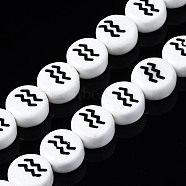 Handmade Porcelain Ceramic Beads Strands, Printed, Flat Round with Constellation, Aquarius, 10~11x5mm, Hole: 2mm, about 30pcs/strand, 11.81 inches(30cm)(PORC-S502-032E)