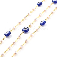 Handmade Brass Link Chains, with Round Beads, Long-Lasting Plated, Soldered, with Spool, Beads with Glass, Golden, 6x4mm(CHC-M022-12G)