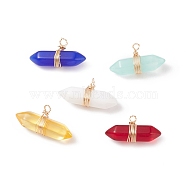 Glass Pendants, with Silver Tone Golden Wire Wrapped, Bullet, Golden, 11x23x7mm, Hole: 1.6mm(PALLOY-JF01803-02)