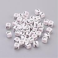 Acrylic Horizontal Hole Letter Beads, Cube, White, Letter L, Size: about 6mm wide, 6mm long, 6mm high, hole: about 3.2mm, about 2600pcs/500g(PL37C9308-L)