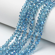 Electroplate Glass Beads Strands, Half Plated, Blue Plated, Faceted, Rondelle, Light Blue, 4x3mm, Hole: 0.4mm, about 123~127pcs/strand, 16.5~16.9 inch(42~43cm)(EGLA-A034-T4mm-I04)