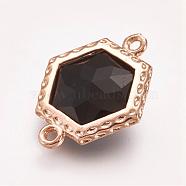 Faceted Glass Links connectors, with Brass Finding, Hexagon, Light Gold, Black, 18x14.5x5mm, Hole: 1mm(GLAA-G041-B01)