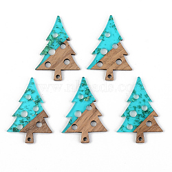 Transparent Resin & Walnut Wood Pendants, with Foil, Christmas Tree with Round, Deep Sky Blue, 40x28x3mm, Hole: 2mm(RESI-S389-030A-B03)