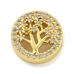 Rack Plating Brass Micro Pave Cubic Zirconia Beads, Cadmium Free & Lead Free, Long-Lasting Plated, Flat Round with Tree of Life Pattern, Real 18K Gold Plated, 12.5x5mm, Hole: 2x2.5mm(KK-G513-80G)