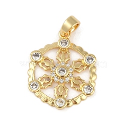 Brass Micro Pave Clear Cubic Zirconia Pendant, Round with Flower, Real 18K Gold Plated, 20.5x16.5x2.5mm, Hole: 4x3.5mm(ZIRC-M001-10G)