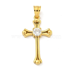 Ion Plating(IP) 304 Stainless Steel Cubic Zirconia Pendants, Cross Charm, Golden, 31x18x4mm, Hole: 6x4.5mm(STAS-C102-02G)