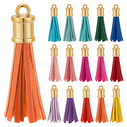 Elite 15Pcs 15 Colors Imitation Leather Big Tassel Pendants, with Plastic Findings, Mixed Color, 75x13.5mm, Hole: 4.5mm, 1Pc/color(FIND-PH0008-26)