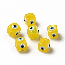 Resin Evil Eye European Beads, Large Hole Bead, Cube, Gold, 12.5x14~14.5x14~14.5mm, Hole: 6mm(RESI-A021-02)