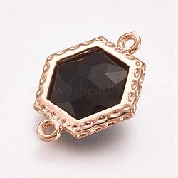 Faceted Glass Links connectors, with Brass Finding, Hexagon, Light Gold, Black, 18x14.5x5mm, Hole: 1mm(GLAA-G041-B01)