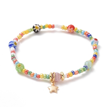 Seed & Millefiori Glass Beaded Stretch Bracelet with Brass Star Charms for Women, Colorful, Inner Diameter: 2 inch(5cm)