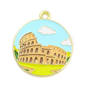 Alloy Enamel Pendants, Golden, Flat Round with Building Pattern, Green Yellow, 27x22x1.5mm, Hole: 1.8mm