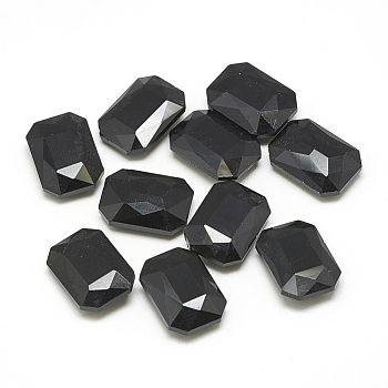 Pointed Back Glass Rhinestone Cabochons, Faceted, Rectangle Octagon, Jet, 14x10x4mm