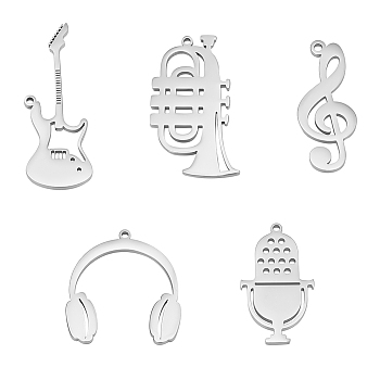 5Pcs 5 Style 304 Stainless Steel Pendants, Stainless Steel Color, Musical Instruments, Guitar & Saxophone & Headset, Mixed Patterns, 23~33.5x11~21.5x1~1.5mm, Hole: 2.5~5.5x3mm, 1pc/style