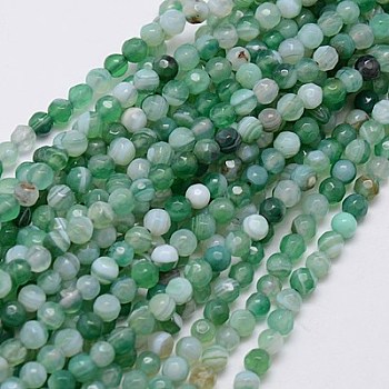 Natural Striped Agate/Banded Agate Beads Strands, Faceted, Dyed, Round, Sea Green, 4mm, Hole: 0.5mm