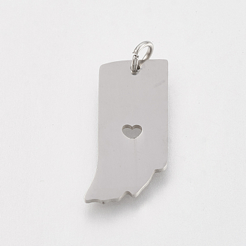 201 Stainless Steel Pendants, Map of Indiana, Stainless Steel Color, 22x11x1mm, Hole: 3mm