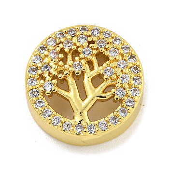 Rack Plating Brass Micro Pave Cubic Zirconia Beads, Cadmium Free & Lead Free, Long-Lasting Plated, Flat Round with Tree of Life Pattern, Real 18K Gold Plated, 12.5x5mm, Hole: 2x2.5mm