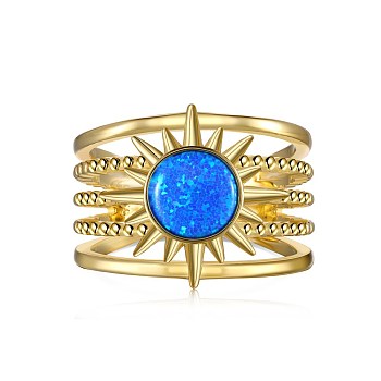 Sun 925 Sterling Silver Wide Band Rings, with Synthetic Opal, Real 18K Gold Plated, US Size 6 3/4(17.1mm)