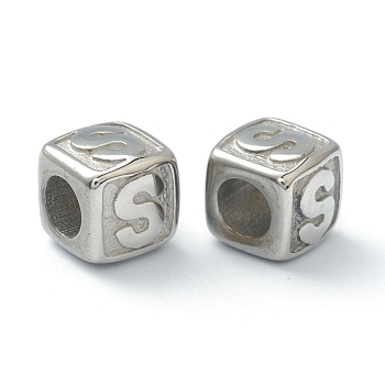 304 Stainless Steel European Beads, Large Hole Beads, Horizontal Hole, Cube with Letter, Stainless Steel Color, Letter.S, 8x8x8mm, Hole: 4mm