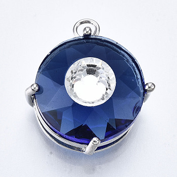 Transparent Faceted Glass Pendants, with Brass Prong Settings, Flat Round with Eye, Platinum, Blue, 19x16x10mm, Hole: 1.8mm